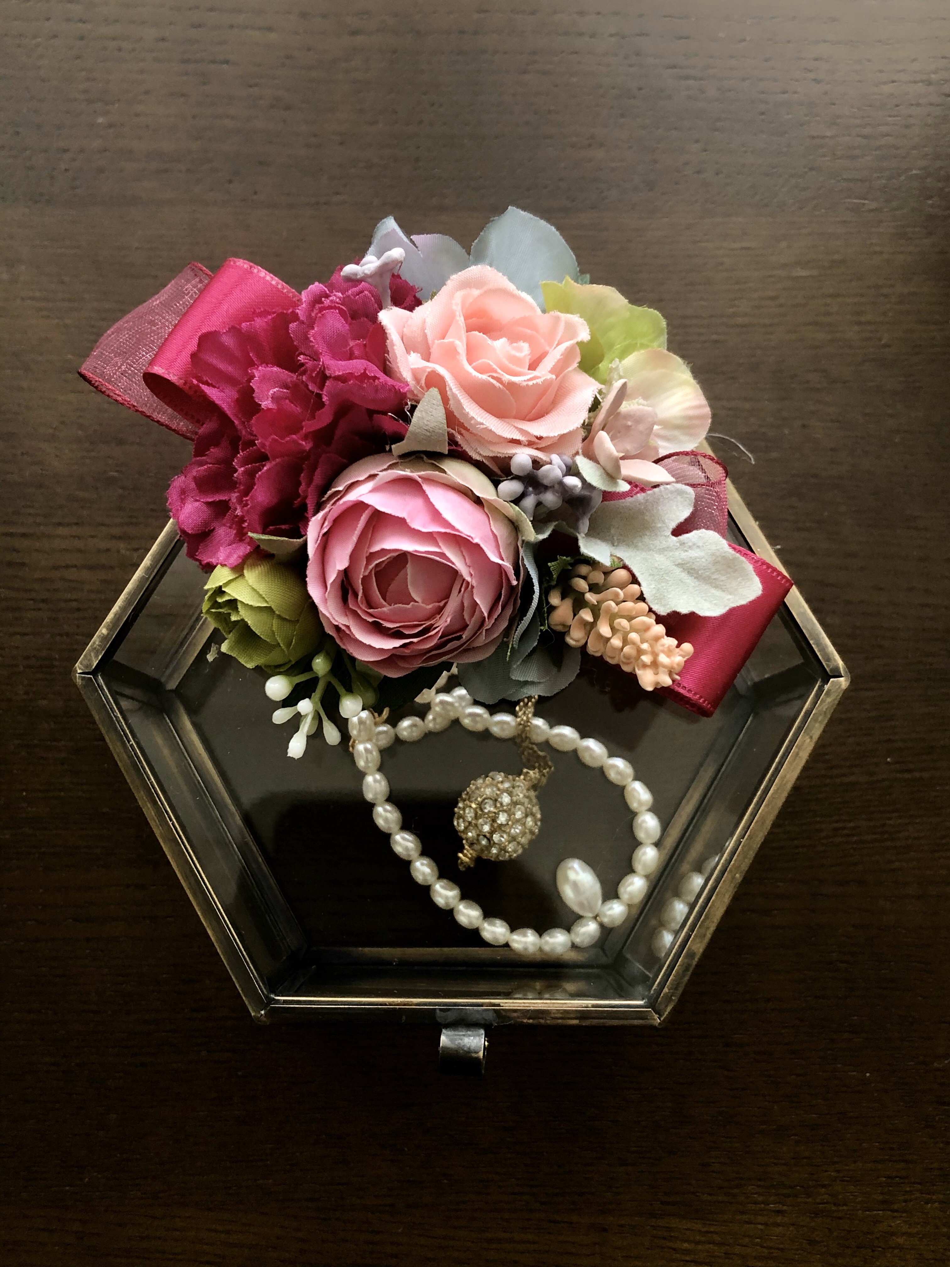 アンティーク風宝石箱 / トップ飾り/ピンクローズ(アーティフィシャルフラワー)