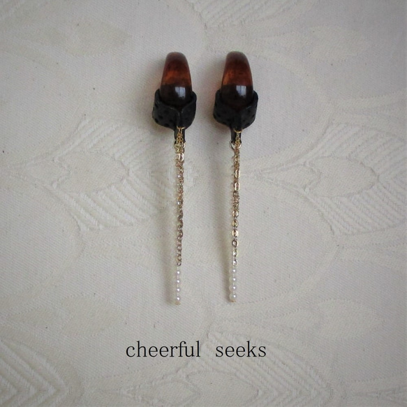 ２wayべっ甲風charm　pierced＆Leather＆pearl ０１ 2枚目の画像