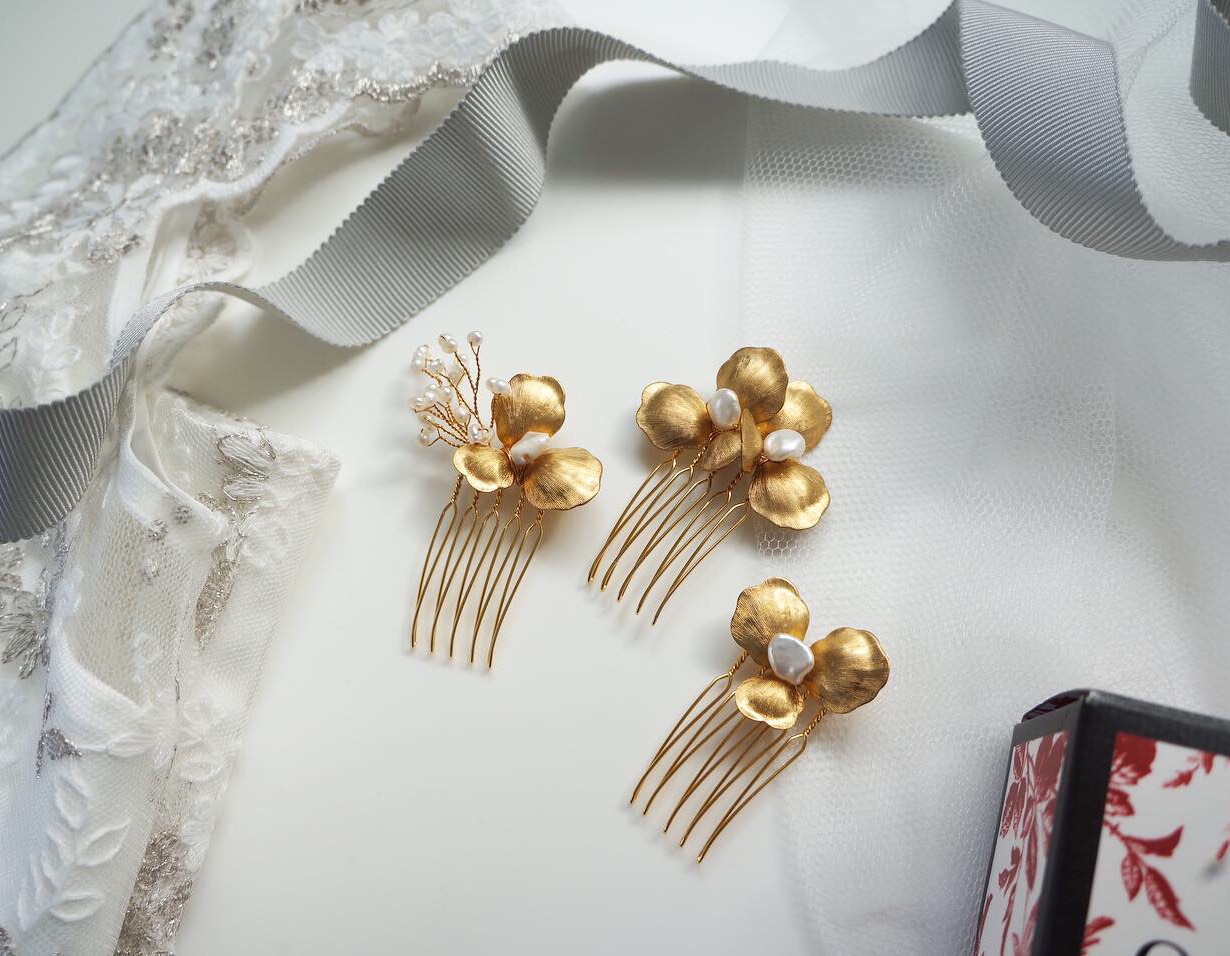 citron bridal accessory 真鍮フラワ淡水パールコームセット