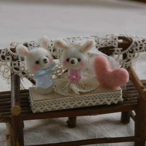 ✿羊毛フェルト✿くまさんとうさぎさんのHappy Wedding♡✿ハート✿ ✿羊毛フェルト✿くまさんとうさぎさんのHappy Wedding♡✿ハート✿