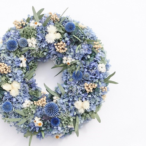 紫陽花ふんわりリース35㎝ プリザーブドフラワー ブルー ユーカリ  
