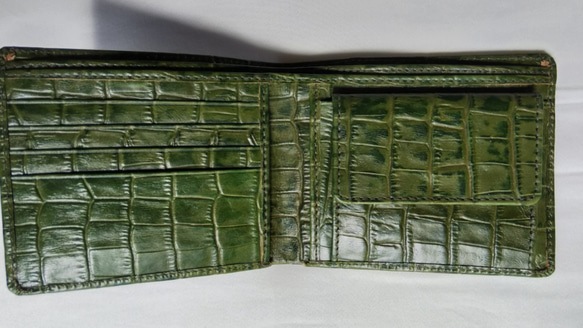 牛革二つ折り財布　クロコダイル型押し・緑 2枚目の画像