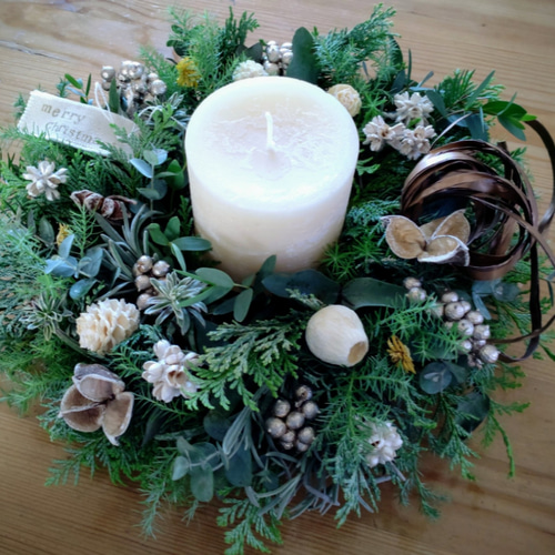 クリスマスリース　キャンドルＢ クリスマス2025〘Creema限定〙Xmas森のフレッシュキャンドルリース