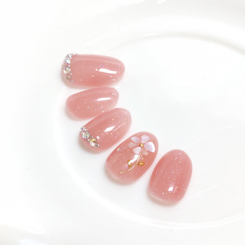 48☆シェルフラワー/キラキラピンクベージュネイル ネイルチップ（つけ  