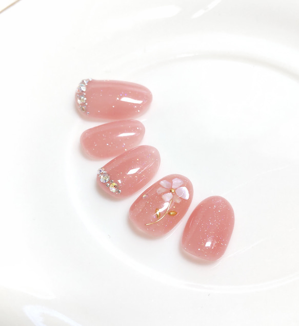 48☆シェルフラワー/キラキラピンクベージュネイル ネイルチップ