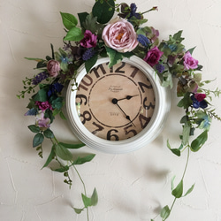 時計を飾ろうシリーズ！細めガーランドスタイル！カップ咲のピンクの薔薇とラベンダー 1枚目の画像