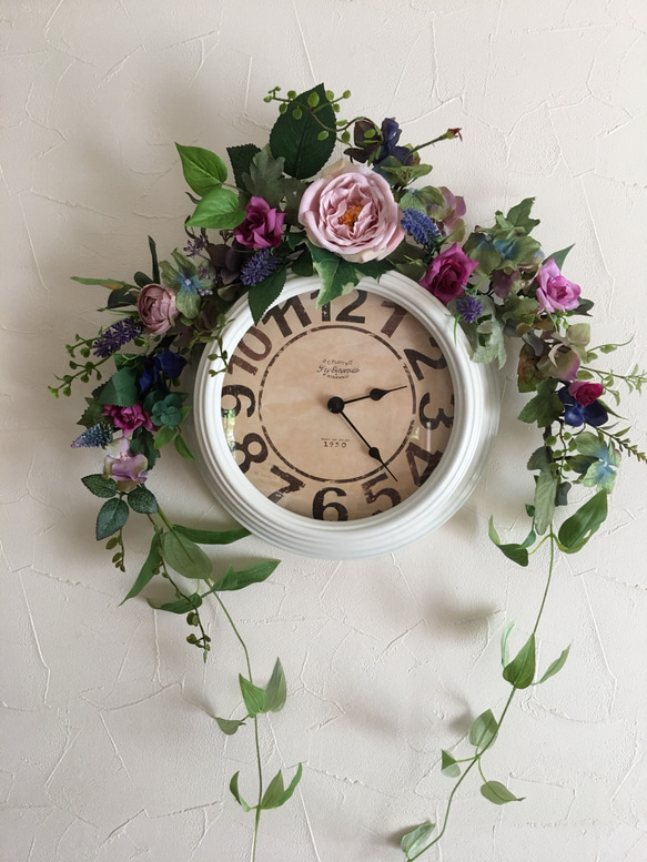 時計を飾ろうシリーズ！細めガーランドスタイル！カップ咲のピンクの薔薇とラベンダー 1枚目の画像