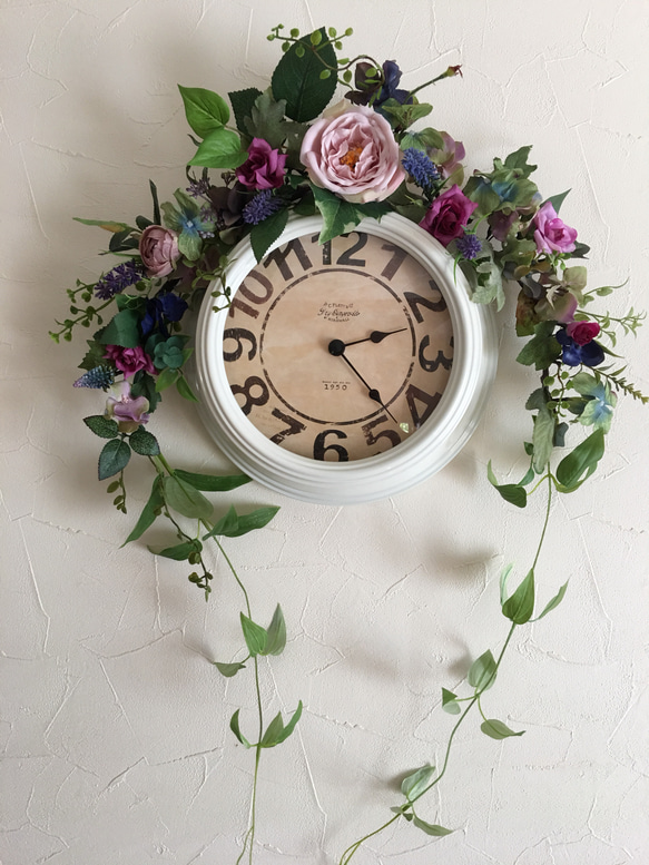 時計を飾ろうシリーズ！細めガーランドスタイル！カップ咲のピンクの薔薇とラベンダー 2枚目の画像