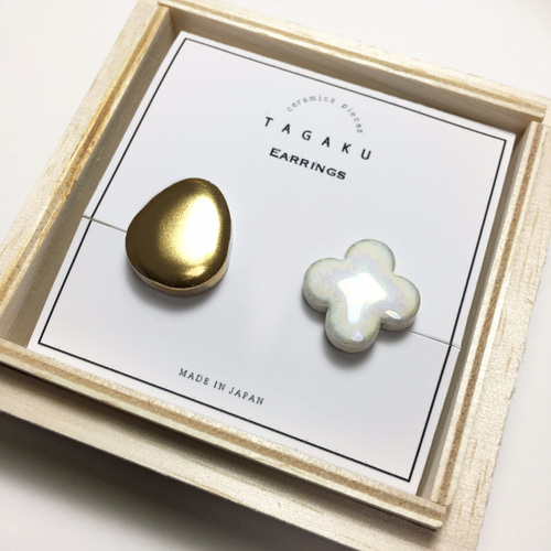 TE-132 美濃焼 タイルのピアス/イヤリング 【裏面レザー加工】 パール