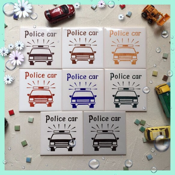 北欧風＊タイル雑貨『police car』パトカー【 ｉ- con Design 100 tile 】 2枚目の画像