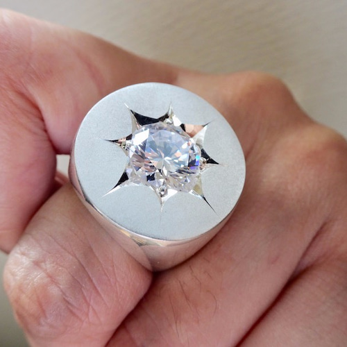 良質  仁尾彫金『一つ星ジルコニアシリンダー印台リング』ハンドメイド 21号～