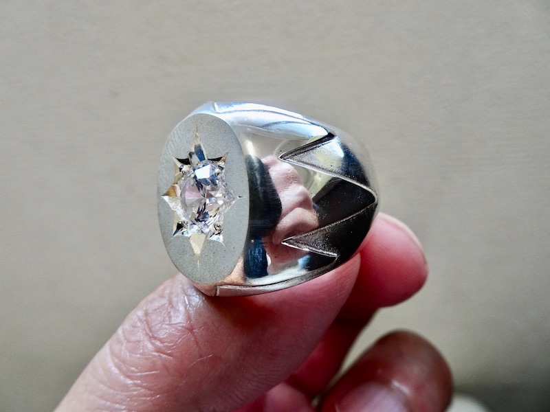 仁尾彫金『一つ星ジルコニアコピアポア楕円の印台リング』ハンドメイド184