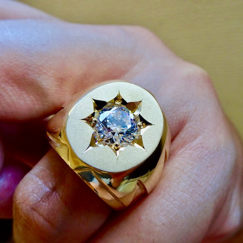 仁尾彫金『一つ星ジルコニアコピアポアゴールド楕円の印台リング
