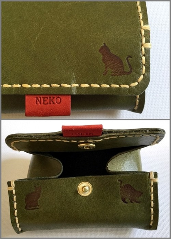 使いやすさNO.1の王道デザイン【猫好きの男性に贈りたい】グリーン→ブラウンへ経年変化【NEKOボックス型コインケース】 4枚目の画像
