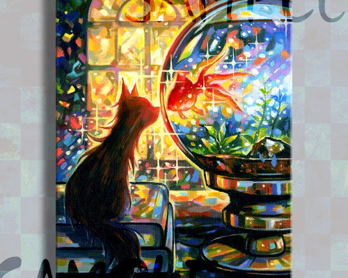 絵画「ネコとゼラニウム」絵画アーティストガジュマルさん作品