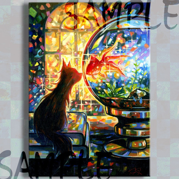 ファッション 通販 猫の油絵 通販 アトリエアイリス 絵画 金魚さんとチュッ 絵画