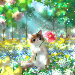 A4 イラスト ポスター 猫のいる風景「ありがとうの花言葉