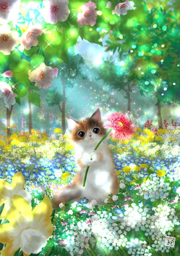A4 イラスト ポスター 猫のいる風景「ありがとうの花言葉」 イラスト
