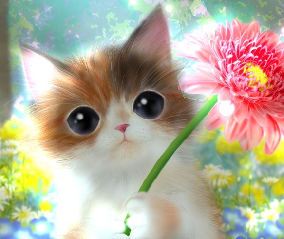 A4 イラスト ポスター　猫のいる風景「ありがとうの花言葉」 2枚目の画像