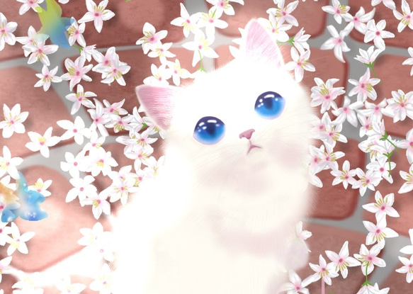A4 イラスト ポスター　猫のいる風景「花降る音」 2枚目の画像
