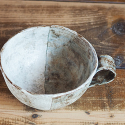 たたき粉引きブルー×ホワイトスープカップ 3枚目の画像