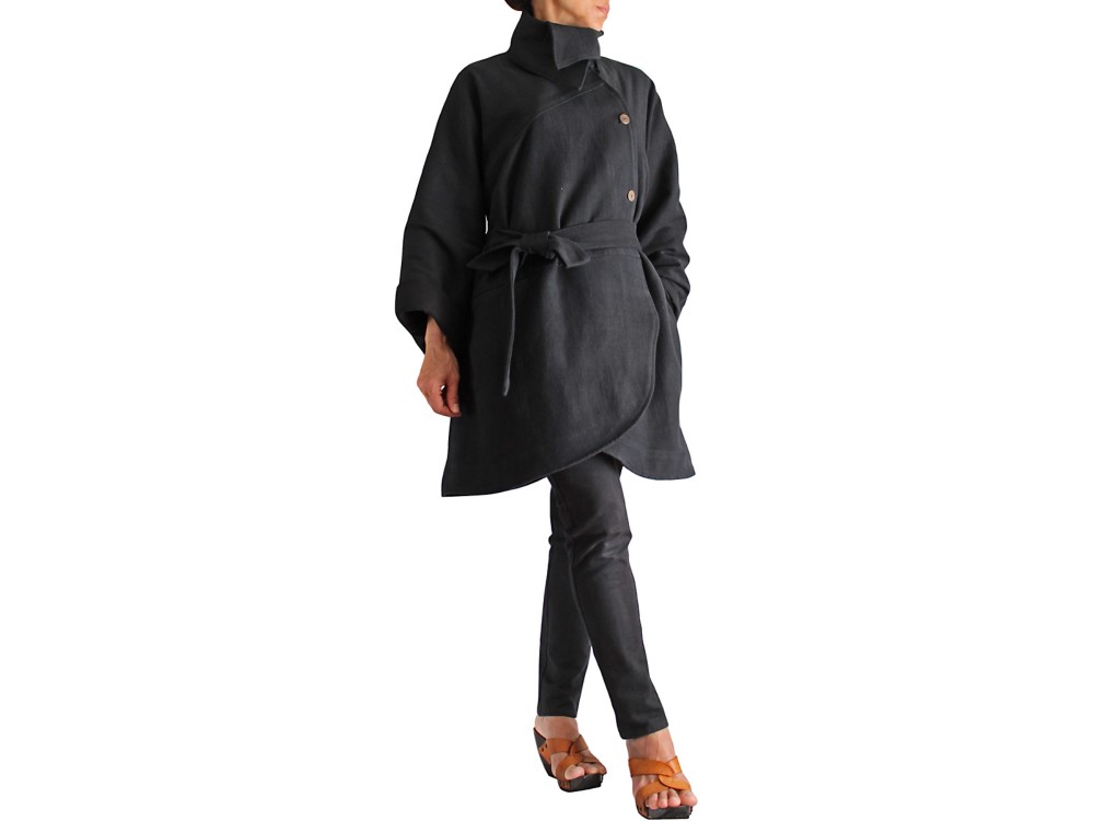 ジョムトン手織り綿ベルト付きクレセントシェイプコート 黒（JFS-091-01）