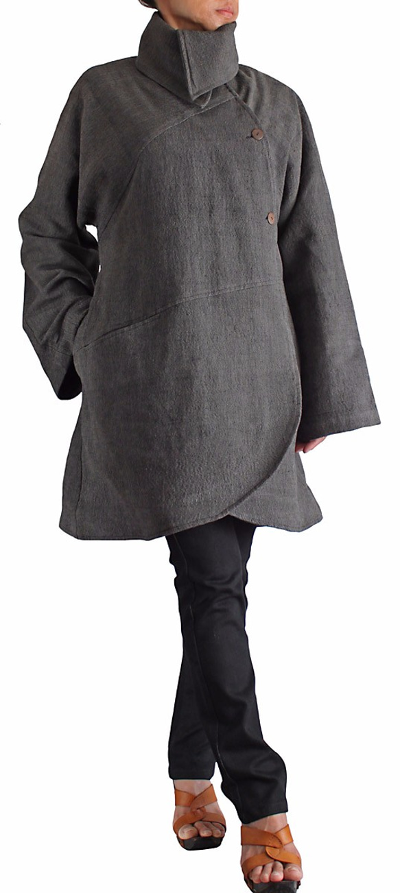 手織棉附腰帶圓弧大衣 棕灰（JFS-091-03） 第2張的照片