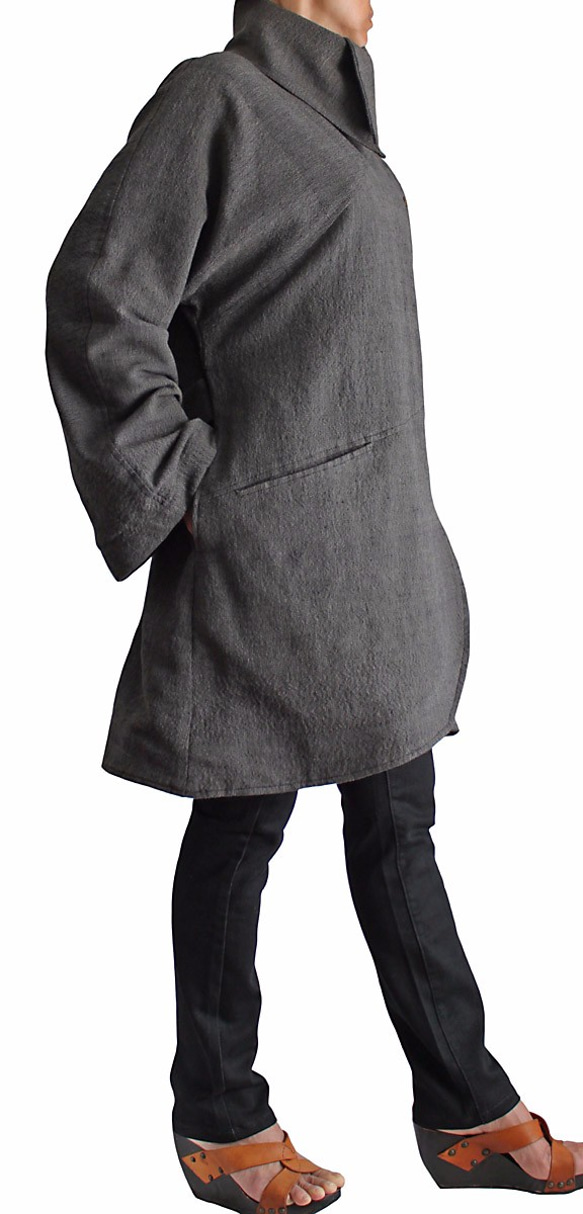 手織棉附腰帶圓弧大衣 棕灰（JFS-091-03） 第3張的照片