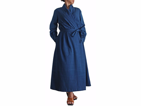 手織棉開襟洋裝 靛藍（DNN-074-03） 第1張的照片
