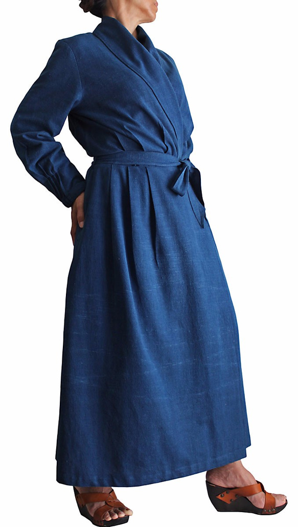 手織棉開襟洋裝 靛藍（DNN-074-03） 第4張的照片