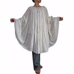亞麻布棉質的皺褶裙／斗篷 淡灰自然色（BGN-044-02） 第1張的照片