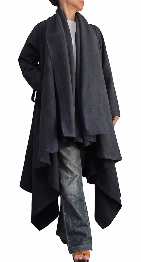 手織棉立體設計大衣 墨黑（JNN-081-01） 第3張的照片