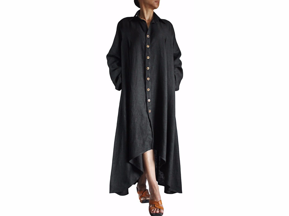 柔らかヘンプのロングドレスコート 黒（JNN-067-01）