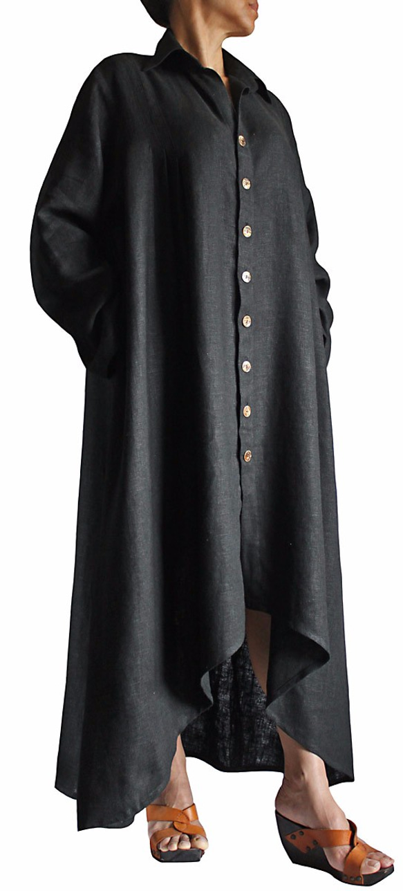 柔らかヘンプのロングドレスコート 黒（JNN-067-01） 3枚目の画像