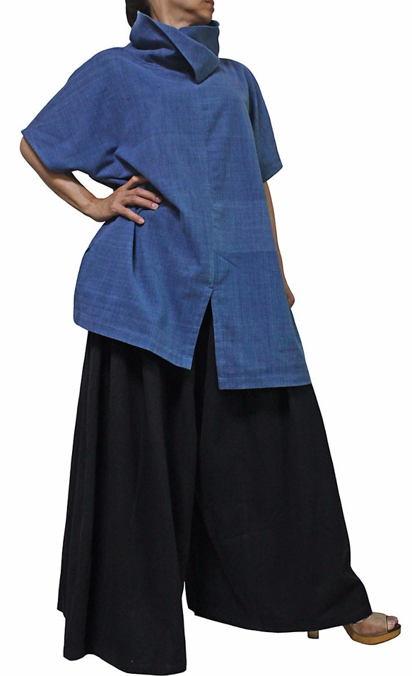 手織棉造型領口短袖上衣 靛藍（BFS-127-03） 第2張的照片