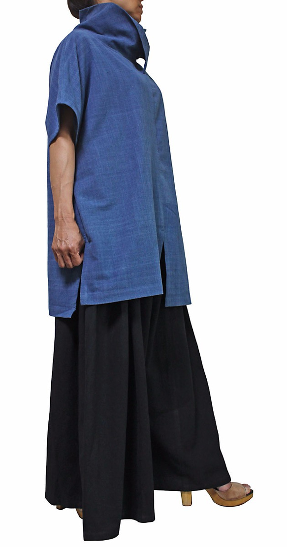 手織棉造型領口短袖上衣 靛藍（BFS-127-03） 第4張的照片