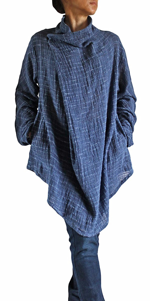 ターポン手織綿のデザインチュニック 紺（BFS-097-04） 2枚目の画像