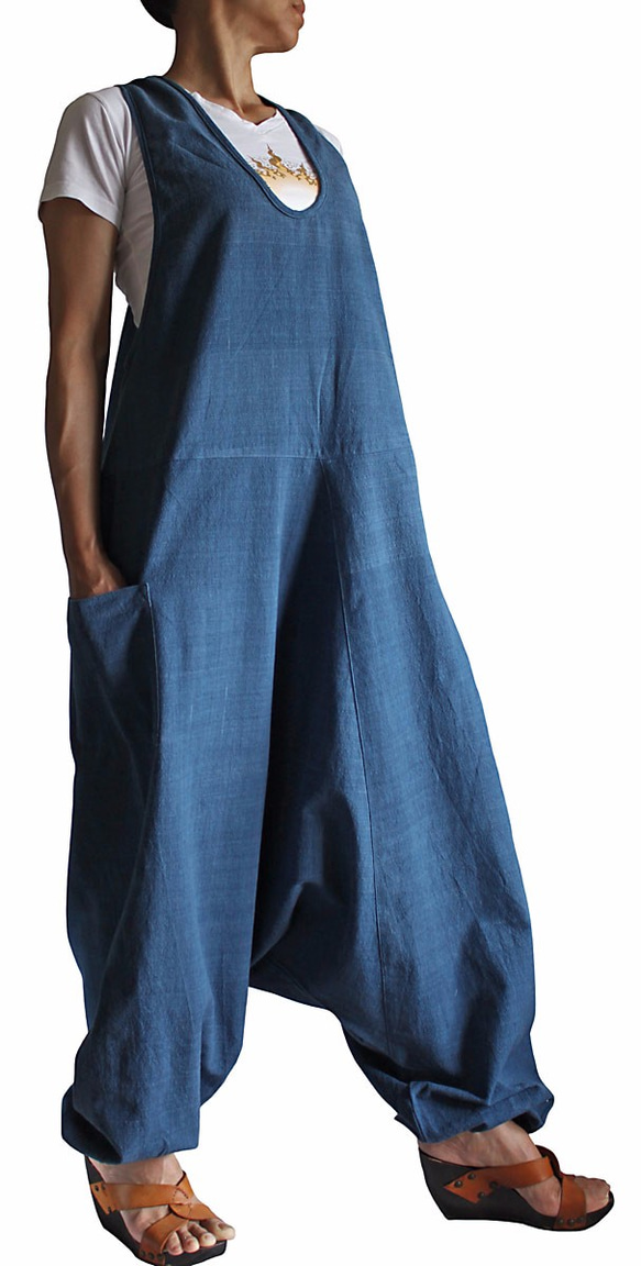 手織棉阿拉丁連身褲 靛藍（DFS-036-03） 第3張的照片