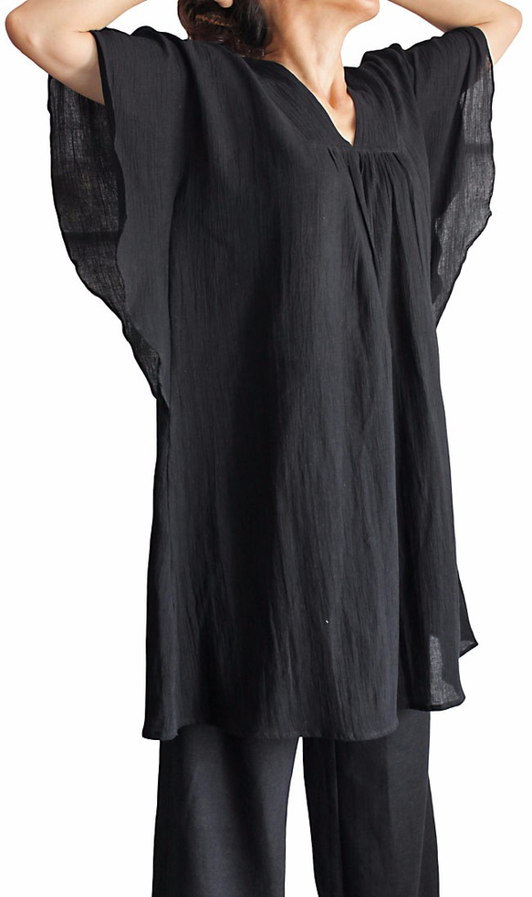 柔らかコットン貫頭衣風デザインチュニック 黒（BNN-079-01） 2枚目の画像