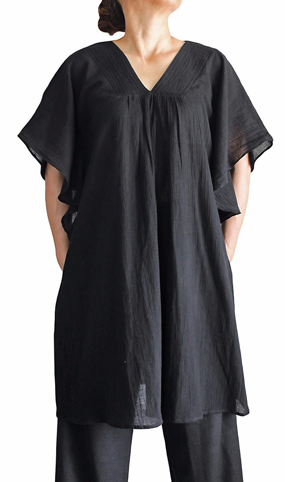 柔らかコットン貫頭衣風デザインチュニック 黒（BNN-079-01） 3枚目の画像
