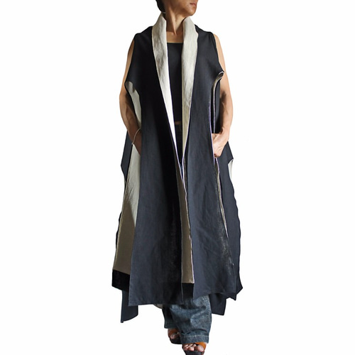 リネンのタコ型ノースリーブ羽織ジャケット二枚重ね（JFS-144-01