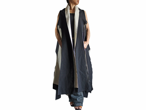 リネンのタコ型ノースリーブ羽織ジャケット二枚重ね（JFS-144-01