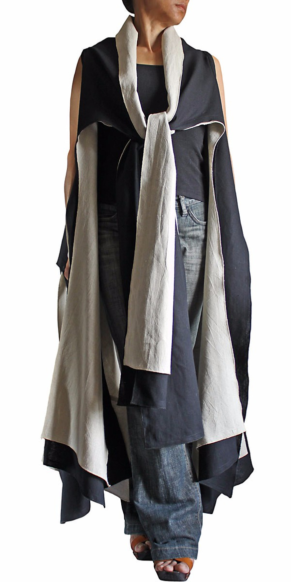 リネンのタコ型ノースリーブ羽織ジャケット二枚重ね（JFS-144-01） 5枚目の画像