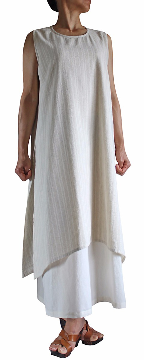 柔軟棉質無袖雙層洋裝 淡灰自然色 （DFS-032-02） 第2張的照片