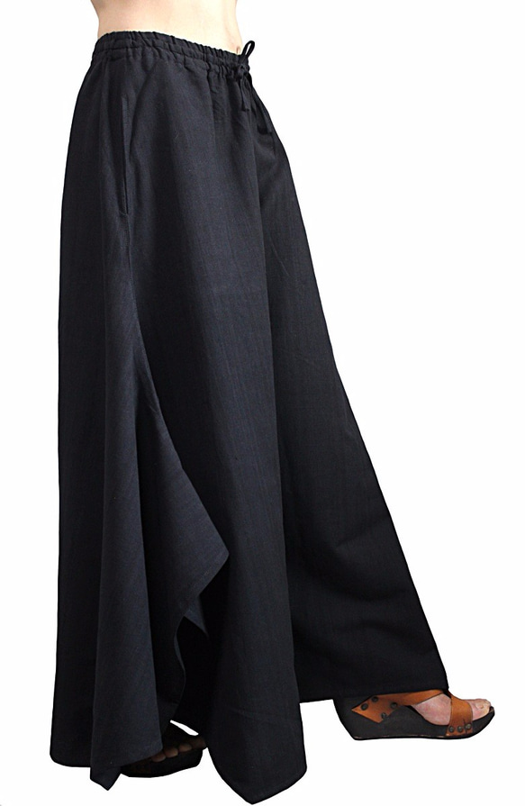 ジョムトン手織り綿デザインワイドパンツ 黒（PRL-007-01） 4枚目の画像