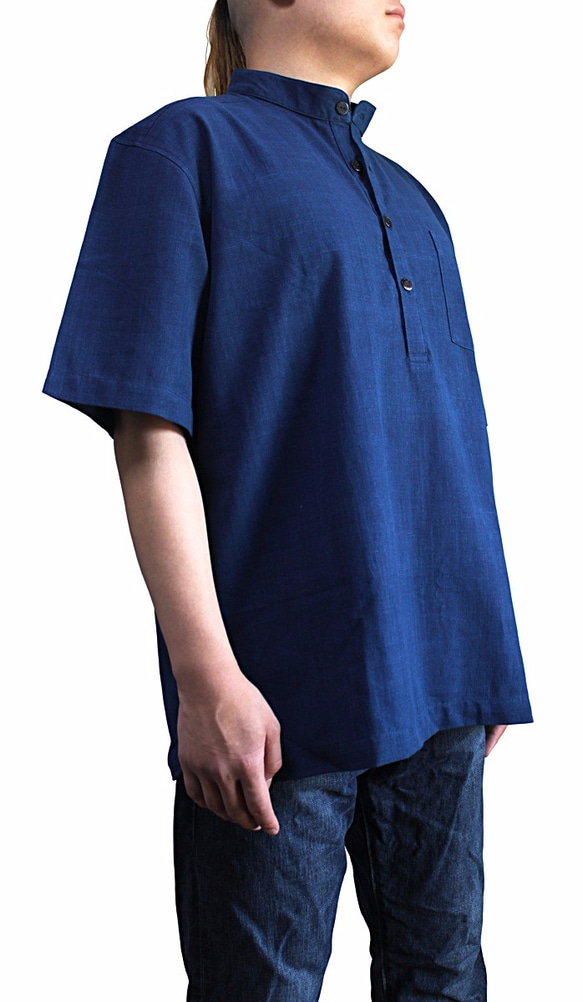手織棉立領短袖套頭衫 靛藍（BFS-155-03） 第3張的照片