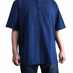 手織棉立領短袖套頭衫 靛藍（BFS-155-03） 第4張的照片