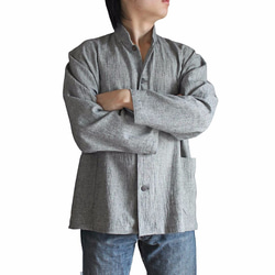 棉麻製的男性立領夾克 淺灰（BFS-085-01） 第1張的照片