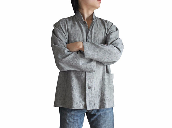 綿麻のメンズスタンドカラーシャツジャケット 杢グレー（BFS-085-01） 1枚目の画像