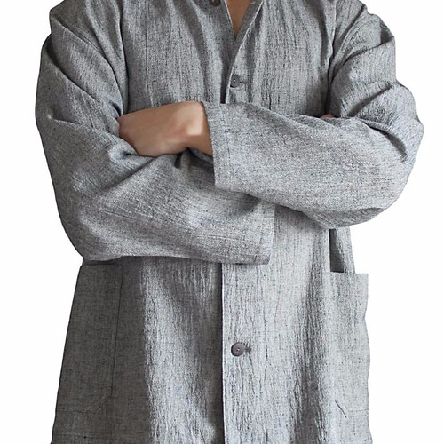 綿麻のメンズスタンドカラーシャツジャケット 杢グレー（BFS-085-01